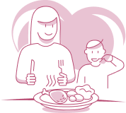 Illustration d'une femme et d'un enfant mangeant un délicieux repas