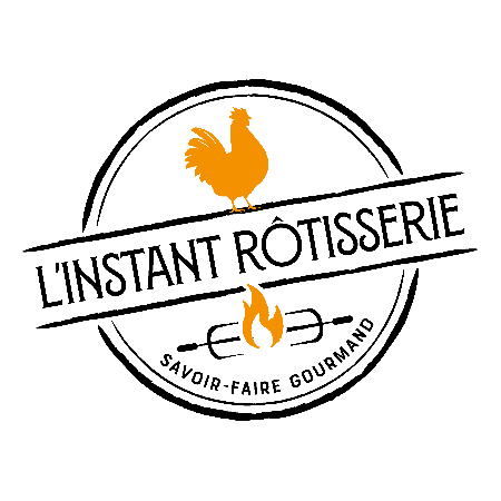 Logo blanc avec une volaille orange et instant rôtisserie en noir