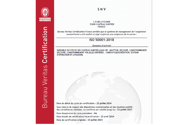 Certificat ISO 50 001 de notre site SNV Château Gontier