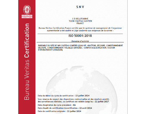 Certificat ISO 50 001 de notre site SNV Château Gontier