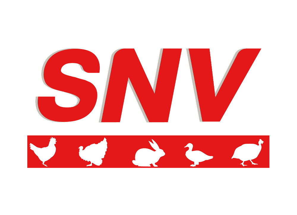 Logo Blanc avec SNV en rouge et picto volailles blancs